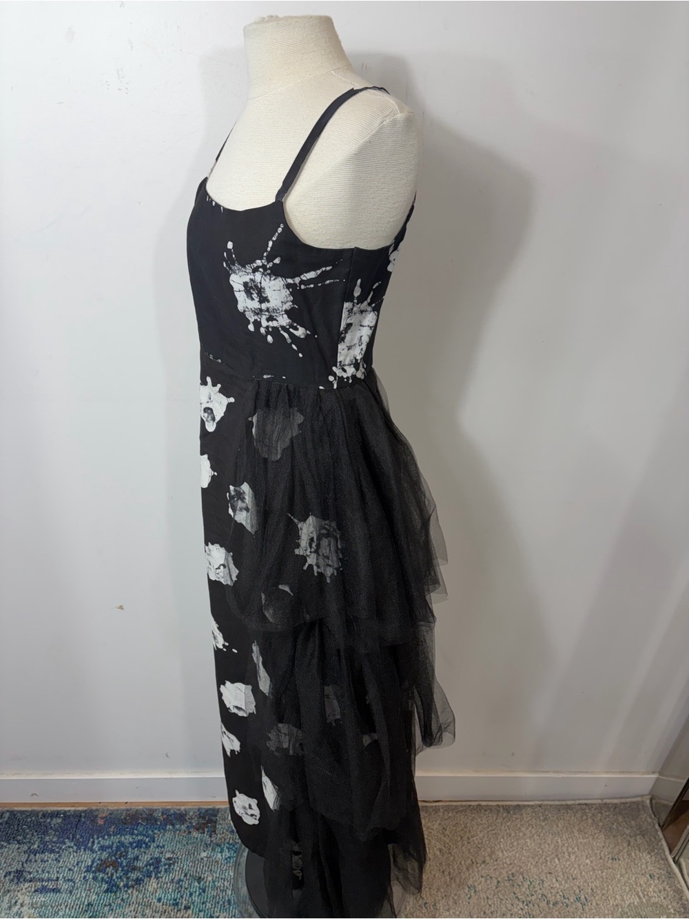 BUSAYO Black & White Abstract Print Midi Dress Tulle Ruffle Side Size S - Picture 9 of 11
